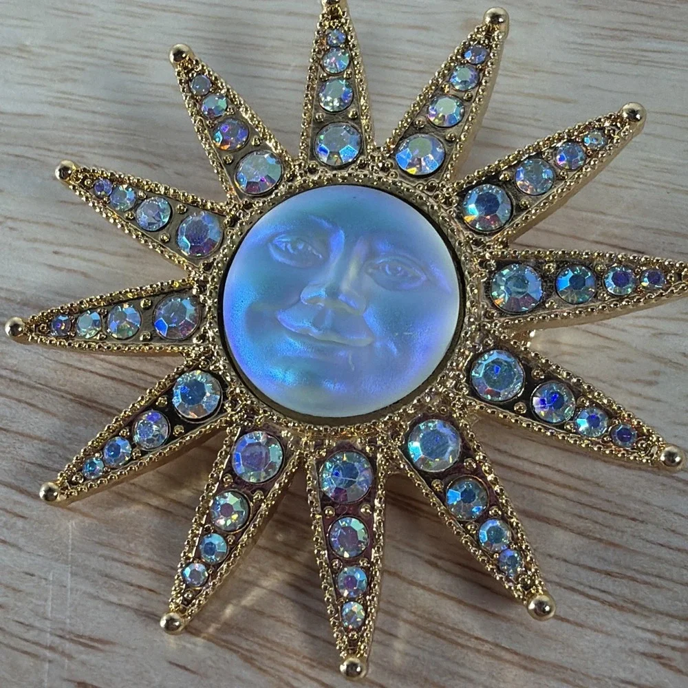 Kirks Folly Gold Tone Moon Face Cameo Star Sun Brooch AB Rhinestone